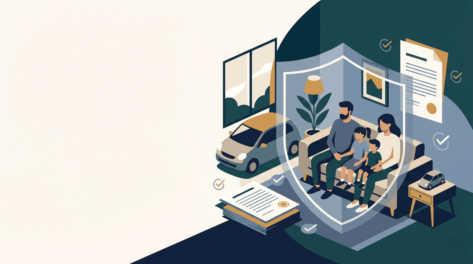 Il·lustració editorial: una família a casa, un cotxe i un document de pòlissa, dins d'un escut blau marí que simbolitza la protecció d'una assegurança.