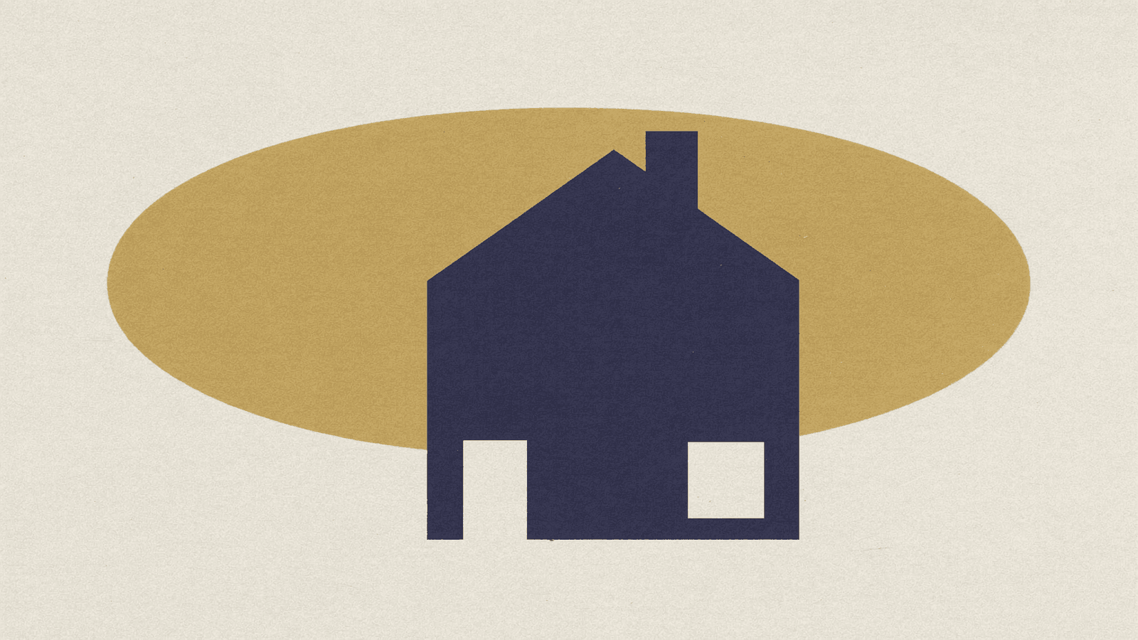 Il·lustració editorial: silueta d'una casa en blau marí sobre una el·lipse daurada, sobre fons cru.