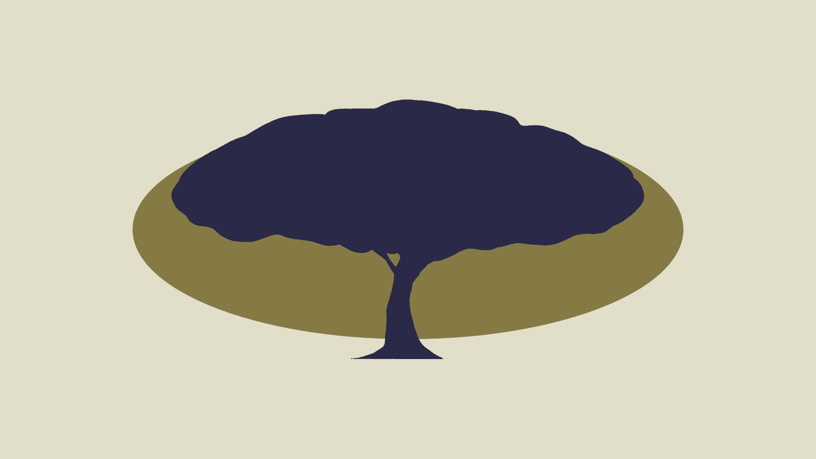 Il·lustració editorial: silueta d'un arbre frondós en blau marí sobre una el·lipse daurada, sobre fons cru.